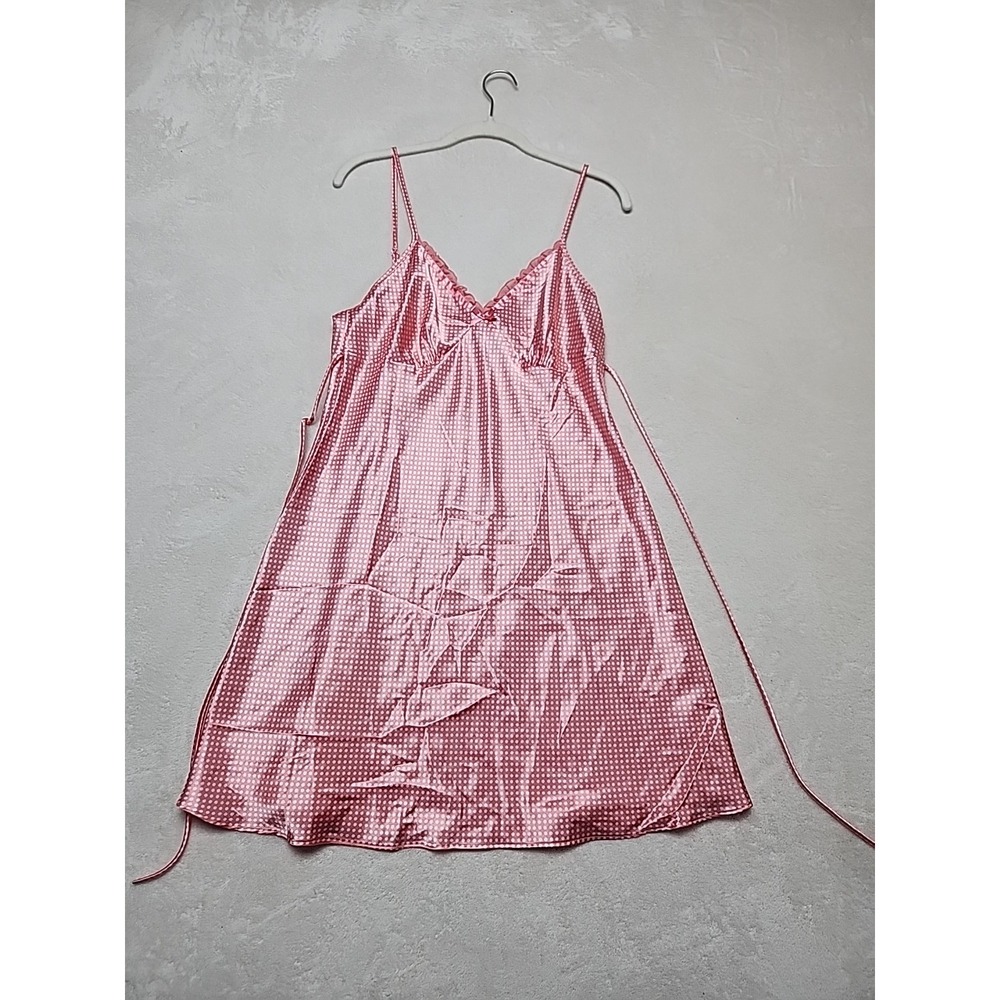 ADONNA Short Gown Lingerie Adjustable Straps Pink W/lace/Dots Satin Retro Med